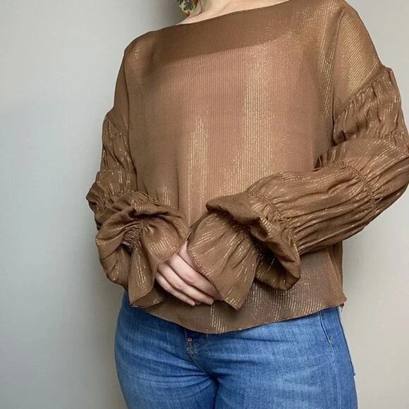 Amanda Uprichard Blouse Large Womens Top Sheer Long Sleeve Gold Metallic Silk - Picture 8 of 9